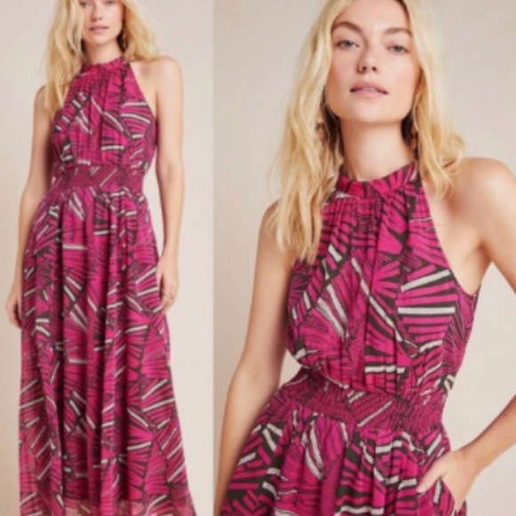 Anthropologie Maeve Kelli Halter Maxi Dress Small Smocked Waistband C2 Abstract - Picture 3 of 6